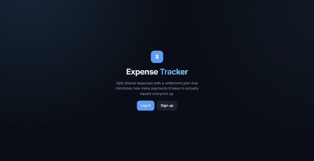 Expense Tracker landing page: 'Split shared expenses with a settlement plan that minimizes how many payments it takes to actually square everyone up,' with Log in and Sign up buttons